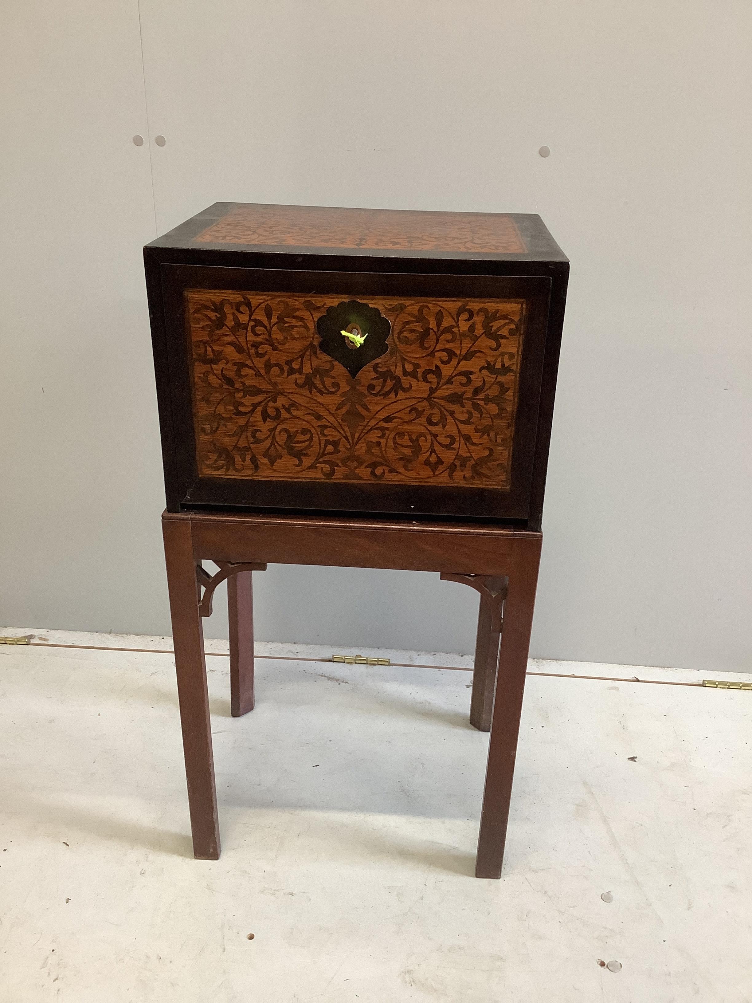A 17th century style marquetry and ebony collector's chest, on associated stand, width 43cm, depth 33cm, height 83cm